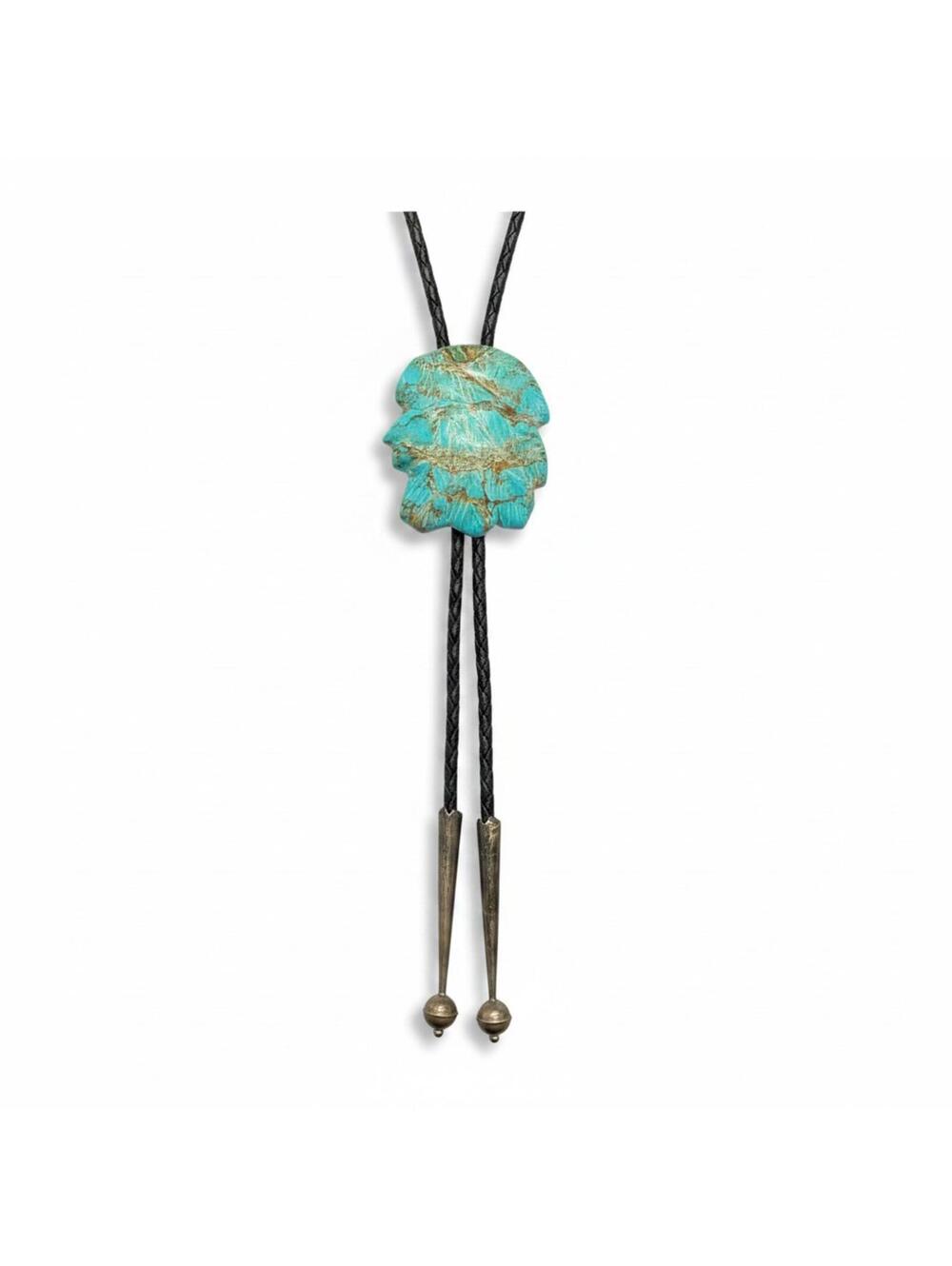 Native American Style Carved Turquoise Indian Chief Bolo Tie